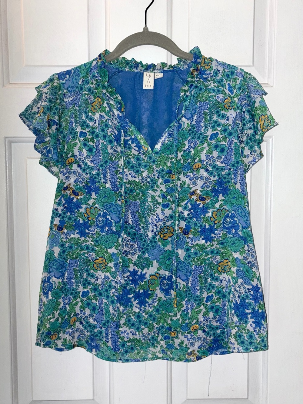 Joie Blue Green Floral Ruffle Sleeve Blouse